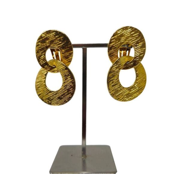 Vintage KJL Gold-Tone Textured Double Circle Clip-On Earrings | Boho Style | 2" - Picture 2 of 9